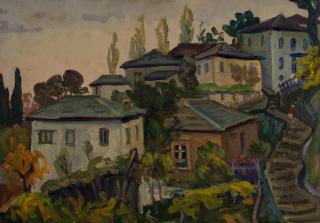 Zagora, View of the Brick House — Oil painting, Fiberboard, 70.00×50.00cm — Theodoros Markellos